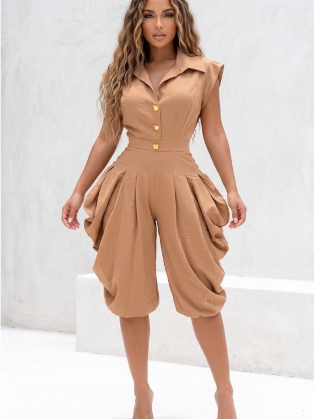 Tailored Camel Jumpsuit with Draped Shorts  A-66448